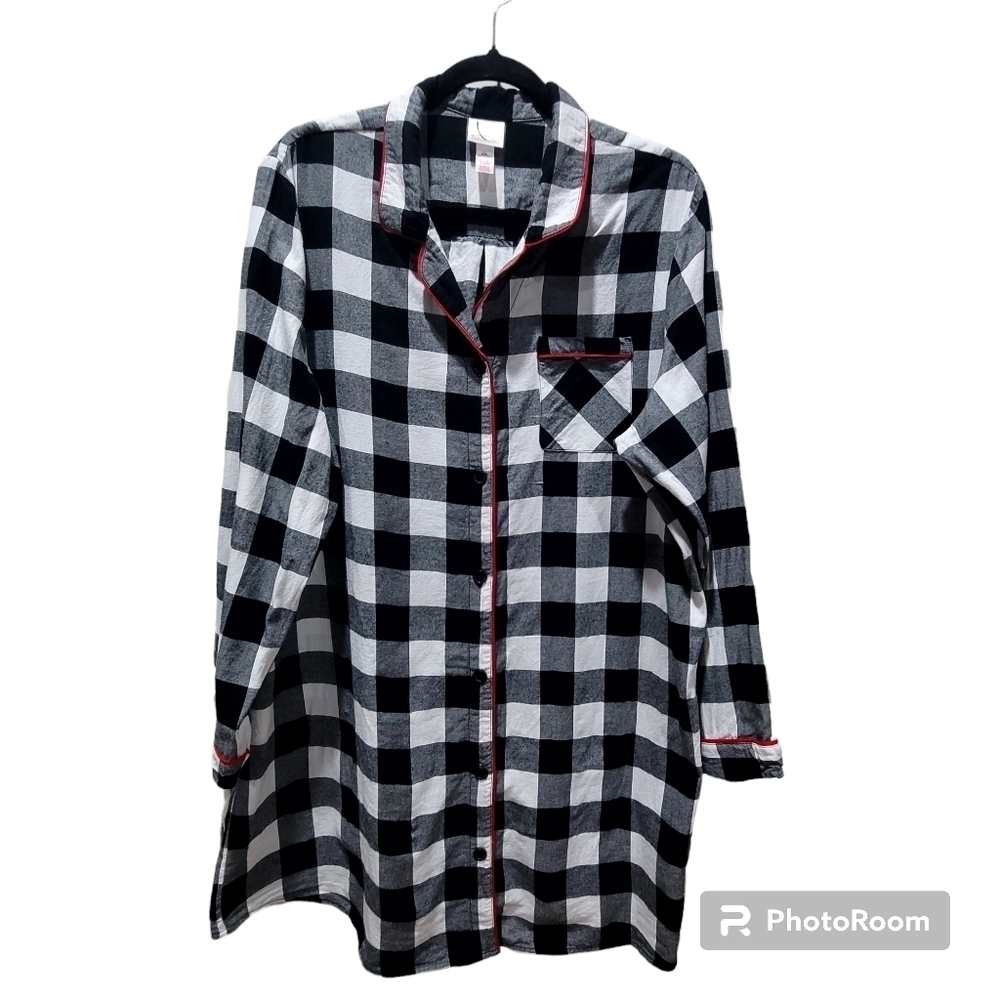 XXL 100% Cotton Long Pajama Shirt Checkered Long Sleeve Loungewear